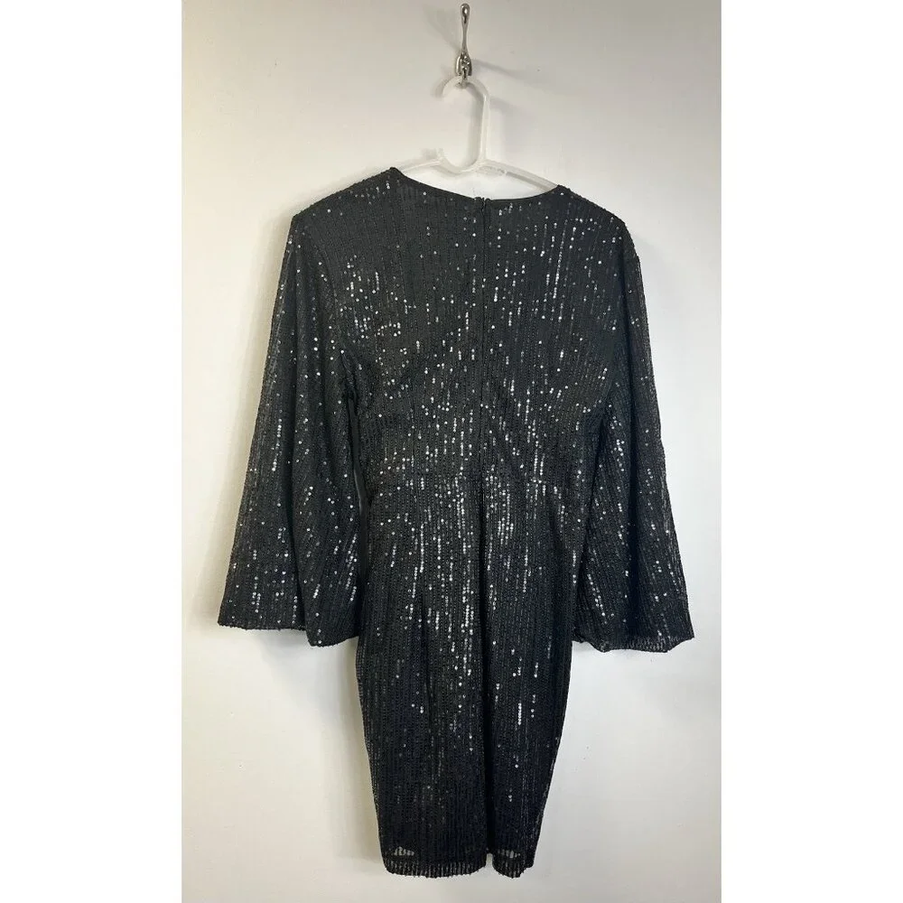 Sexy/Classy Double Crazy Black Sequin Long Sleeve Wrap Dress L 🤍 - Picture 4 of 8